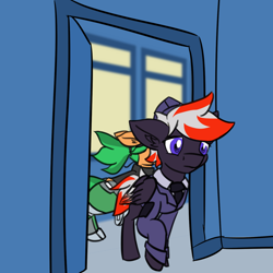 Size: 1280x1280 | Tagged: safe, artist:askavrobishop, imported from derpibooru, oc, oc:atom smasher, oc:bishop, pegasus, comic:askavrobishop, clothes, feathered wings, female, hallway, mare, uniform, wings