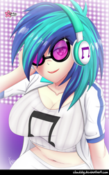 Size: 792x1263 | Tagged: safe, alternate version, artist:clouddg, imported from derpibooru, dj pon-3, vinyl scratch, equestria girls, belly button, big breasts, breasts, busty vinyl scratch, cleavage, female, headphones, midriff, multiple variants, solo, vinyl's glasses