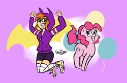 Size: 2732x1796 | Tagged: safe, artist:datzigga, imported from derpibooru, pinkie pie, earth pony, human, pony, barbara gordon, batgirl, clothes, crossover, cute, dc superhero girls, diapinkes, socks, stockings, striped socks, thigh highs