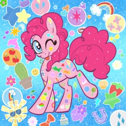 Size: 2048x2048 | Tagged: safe, artist:pfeffaroo, imported from derpibooru, pinkie pie, earth pony, pony, abstract background, applejack's cutie mark, cactus, cutie mark, female, fluttershy's cutie mark, high res, looking at you, mare, one eye closed, pinkie pie's cutie mark, rainbow dash's cutie mark, raised leg, rarity's cutie mark, raspberry, smiling, solo, sticker, sunglasses, three quarter view, tongue out, twilight sparkle's cutie mark, wink, winking at you