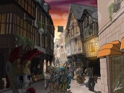 Size: 4000x3000 | Tagged: safe, artist:flaremoon, imported from derpibooru, oc, oc:mercury haze, earth pony, pegasus, pony, unicorn, armor, army, city, female, foal, guard, guardsmare, houses, male, marching, mare, market, royal guard, scenery, stallion, street, sunset, weapon