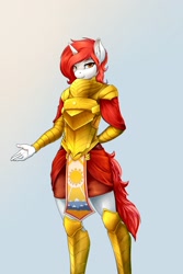 Size: 1200x1800 | Tagged: safe, artist:d-lowell, imported from ponybooru, oc, oc only, oc:elegy, anthro, unicorn, armor, female, guardsmare, horn, looking at you, mare, royal guard, solo, unicorn oc