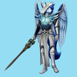 Size: 1800x1800 | Tagged: safe, artist:d-lowell, imported from ponybooru, oc, oc only, oc:nocturna, alicorn, anthro, alicorn oc, armor, blue background, hood, horn, looking at you, male, simple background, solo, stallion, sword, weapon, wings