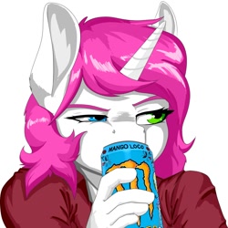 Size: 1200x1200 | Tagged: safe, artist:d-lowell, oc, oc only, oc:bubblegum kiss, anthro, unicorn, bust, clothes, female, heterochromia, horn, mare, monster energy, raised eyebrow, simple background, solo, unicorn oc, white background