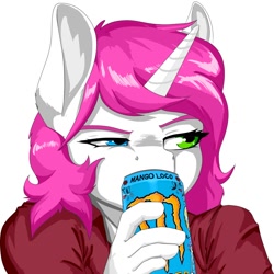 Size: 1200x1200 | Tagged: safe, artist:d-lowell, imported from ponybooru, oc, oc only, oc:bubblegum kiss, anthro, unicorn, bust, clothes, female, heterochromia, horn, mare, monster energy, raised eyebrow, simple background, solo, unicorn oc, white background