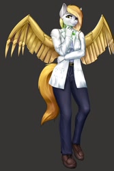 Size: 1200x1800 | Tagged: safe, artist:d-lowell, imported from ponybooru, oc, oc only, oc:luxana andraid, anthro, pegasus, artificial wings, augmented, clothes, female, gray background, lab coat, looking at you, mare, mechanical wing, pegasus oc, simple background, solo, spread wings, test tube, wings