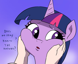 Size: 1153x944 | Tagged: artist needed, safe, twilight sparkle, human, pony, unicorn, dialogue, female, gradient background, looking away, mare, open mouth, simple background, squishy cheeks, talking