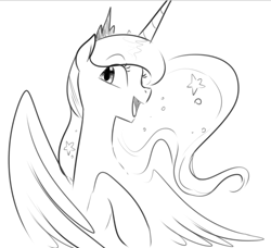 Size: 957x873 | Tagged: artist needed, safe, princess luna, alicorn, pony, ethereal mane, monochrome, open mouth, simple background, smiling, spread wings, starry mane, wings