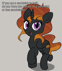 Size: 1000x1156 | Tagged: safe, artist:vultraz, oc, oc:aaa, alicorn, alicorn oc, cutie mark, food, horn, looking at you, sandwich, simple background, solo, speech bubble, wings