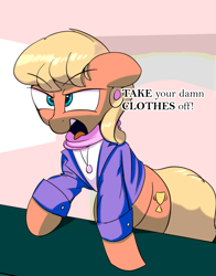 Size: 2193x2800 | Tagged: safe, artist:vultraz, ms. harshwhinny, earth pony, angry, cutie mark, drawthread, female, plumbers don't wear ties, solo, speech bubble, vulgar, yelling