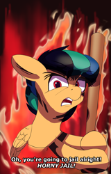 Size: 1858x2900 | Tagged: safe, artist:vultraz, oc, oc only, oc:apogee, pegasus, angry, drawthread, female, fire, horny jail, looking at you, solo, speech bubble, this will end in pain