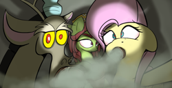 Size: 3000x1543 | Tagged: safe, artist:vultraz, discord, fluttershy, tree hugger, draconequus, pegasus, drawthread, female, implied marijuana, pun, red eyes, smoke, smoking, visual pun