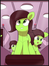 Size: 2450x3290 | Tagged: safe, artist:vultraz, imported from ponybooru, oc, oc:filly anon, conveyor belt, excited, factory, female, filly, looking up, open mouth, plushie, smiling