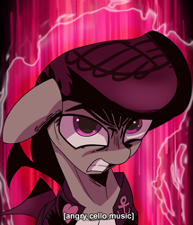 Size: 2489x2900 | Tagged: safe, artist:vultraz, octavia melody, earth pony, pony, angry, aura, caption, drawthread, female, jojo's bizarre adventure, josuke higashikata, looking at you, solo