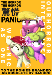Size: 2200x3200 | Tagged: safe, artist:vultraz, daisy, flower wishes, lily, lily valley, roseluck, earth pony, pony, drawthread, female, flower trio, hong kong separatists, mare, open mouth, parody, scared, simple background, the horror, trio
