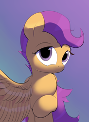 Size: 1500x2049 | Tagged: safe, artist:vultraz, scootaloo, pegasus, cutie mark, female, gradient background, large wings, looking at you, smiling, solo, wings