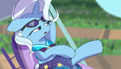 Size: 3000x1706 | Tagged: safe, artist:vultraz, trixie, pony, blurred background, clothes, displeased, drawthread, ear piercing, earring, frown, glasses, jewelry, lidded eyes, open mouth, piercing, ponified, raised leg, recliner, swimsuit, umbrella