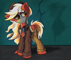 Size: 3260x2750 | Tagged: safe, artist:korenav, oc, oc only, oc:ember, pegasus, pony, cargo pants, chest fluff, clothes, coat markings, female, goggles, hat, mare, pants, pegasus oc, solo, wings