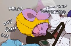 Size: 2280x1485 | Tagged: safe, artist:vultraz, crying, dialogue, filthy frank, food, lemon, screaming, self harm, speech bubble, text, the smiling pony