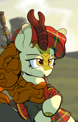 Size: 1931x3000 | Tagged: safe, artist:vultraz, autumn blaze, kirin, bagpipes, clothes, drawthread, female, hat, kilt, plaid, solo, windswept mane