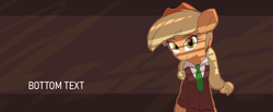 Size: 2900x1200 | Tagged: safe, artist:vultraz, applejack, earth pony, pony, bottom text, clothes, drawthread, female, frown, looking at you, necktie, simple background, solo, suit
