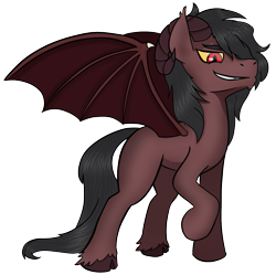 Size: 1159x1154 | Tagged: safe, artist:korenav, oc, oc only, gargoyle, pony, bat wings, black mane, cloven hooves, gargoyle pony, male, red eyes, sidemouth, simple background, smiling, smirk, solo, stallion, transparent background, wings, yellow sclera