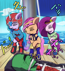 Size: 2980x3275 | Tagged: safe, artist:vultraz, izzy moonbow, sunny starscout, oc, oc:anon, earth pony, pegasus, pony, unicorn, bondage, bound and gagged, dancing, eyes closed, female, g5, gag, gang-star dance, guido mista, jojo's bizarre adventure, narancia ghirga, pannacotta fugo, pipp, recliner, ship, torture dance, trio