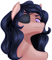 Size: 1280x1490 | Tagged: safe, artist:korenav, oc, oc only, pony, bust, eyepatch, looking at you, looking down, looking down at you, male, purple eyes, simple background, solo, stallion, transparent background