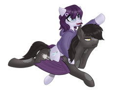 Size: 1280x960 | Tagged: safe, artist:korenav, imported from ponybooru, oc, oc only, oc:kadai, oc:rainfall bloom, bat pony, earth pony, pony, bat pony oc, bat wings, clothes, coat markings, earth pony oc, female, hoodie, male, mare, open mouth, ponies riding ponies, raised hoof, raised leg, riding, simple background, snip (coat marking), stallion, transparent background, unamused, wings