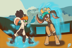 Size: 2000x1333 | Tagged: safe, artist:hiddelgreyk, imported from derpibooru, shanty (tfh), goat, them's fightin' herds, bandana, cloven hooves, community related, female, fighting stance, simple background, the capricorn (tfh), water