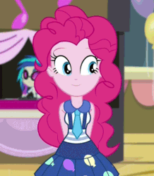 Size: 838x961 | Tagged: source needed, safe, imported from derpibooru, screencap, dj pon-3, pinkie pie, vinyl scratch, equestria girls, friendship games, animated, balloon, blinking, clothes, cute, cute face, diapinkes, dress, happy, necktie, smiling, solo focus