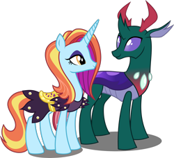 Size: 4300x3917 | Tagged: safe, artist:dashiesparkle, artist:xebck, edit, imported from derpibooru, vector edit, pharynx, sassy saddles, changedling, changeling, pony, unicorn, canterlot boutique, to change a changeling, .svg available, absurd resolution, clothes, crack shipping, dress, duo, female, male, prince pharynx, sassynx, shipping, simple background, straight, transparent background, vector