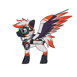 Size: 2000x2000 | Tagged: safe, artist:askavrobishop, imported from derpibooru, oc, oc:bishop, pegasus, arrow wing gear, clothes, engines, feathered wings, female, flight suit, mare, mask, solo, uniform, wing gear, wings