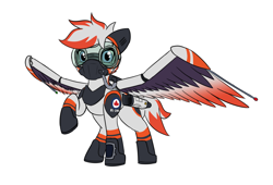 Size: 3420x2322 | Tagged: safe, artist:askavrobishop, imported from derpibooru, oc, oc:bishop, pegasus, arrow wing gear, clothes, engines, feathered wings, female, flight suit, mare, mask, oxygen mask, respirator, solo, uniform, wing gear, wings