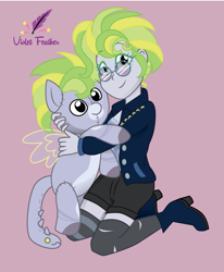 Size: 991x1203 | Tagged: safe, artist:violetfeatheroficial, imported from derpibooru, oc, oc only, oc:cloud drift, pegasus, pony, equestria girls, augmented tail, boots, clothes, commission, equestria girls-ified, eyeshadow, female, high heel boots, jacket, makeup, mare, markings, multicolored hair, plushie, purple background, ripped stockings, shoes, shorts, simple background, socks, solo, stockings, striped socks, sunglasses, tanktop, thigh highs, torn clothes, torn socks, ych result