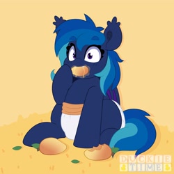 Size: 4000x4000 | Tagged: safe, artist:duckie, imported from derpibooru, oc, oc only, bat pony, pony, abdl, abstract background, adult foal, bat pony oc, bat wings, blushing, diaper, eating, eye clipping through hair, eyebrows, eyebrows visible through hair, food, fruit, herbivore, looking at you, mango, oc name needed, simple background, sitting, solo, wings