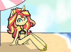Size: 1480x1080 | Tagged: safe, artist:pink flame, imported from derpibooru, sunset shimmer, equestria girls, beach, bikini, clothes, swimsuit