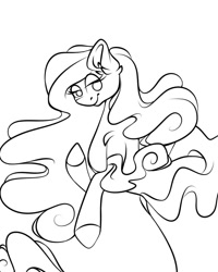 Size: 1080x1350 | Tagged: safe, artist:tessa_key_, imported from derpibooru, oc, oc only, pony, bedroom eyes, ear fluff, eyelashes, female, lineart, mare, monochrome, simple background, smiling, solo, white background