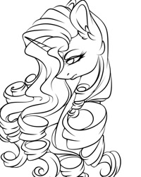 Size: 1080x1350 | Tagged: safe, artist:tessa_key_, imported from derpibooru, rarity, pony, unicorn, bedroom eyes, bust, ear fluff, eyelashes, female, frown, horn, lineart, mare, monochrome, simple background, solo, white background