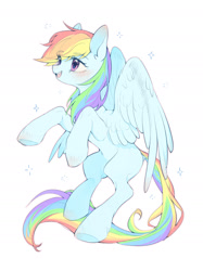 Size: 1594x2133 | Tagged: safe, artist:leafywind, imported from derpibooru, rainbow dash, pegasus, pony, blushing, female, mare, missing cutie mark, simple background, smiling, solo, sparkles, white background