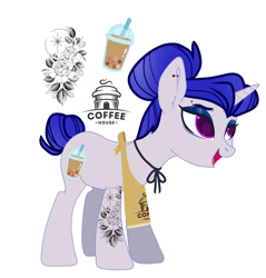 Size: 3923x4096 | Tagged: safe, alternate version, artist:mikkaella, imported from derpibooru, oc, oc only, oc:mellow mocha, pony, unicorn, apron, barista, bedroom eyes, clothes, ear piercing, earring, eyebrow piercing, eyeshadow, female, glowing horn, horn, jewelry, magic, makeup, mare, open mouth, piercing, simple background, solo, tattoo, white background