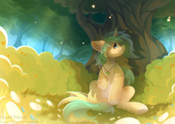 Size: 5000x3560 | Tagged: safe, artist:dedfriend, imported from derpibooru, oc, oc only, pony, unicorn, bush, chest fluff, colored hooves, ear fluff, female, grass, jewelry, looking up, mare, pendant, sitting, solo, tree, underhoof