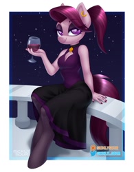 Size: 1000x1283 | Tagged: safe, artist:sickly-sour, imported from derpibooru, oc, oc only, oc:burgundy chalice, anthro, unguligrade anthro, alcohol, choker, clothes, eyeshadow, female, glass, makeup, mare, pantyhose, solo, wine, wine glass