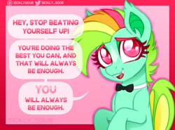 Size: 1200x887 | Tagged: safe, artist:sickly-sour, imported from derpibooru, oc, oc only, oc:kokomo, bat pony, pony, bowtie, female, mare, motivational, solo, talking to viewer, text, truth, wholesome