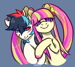 Size: 1000x900 | Tagged: safe, artist:lavvythejackalope, imported from derpibooru, oc, oc only, oc:blitz, oc:starburst, earth pony, pony, bust, duo, earth pony oc, eyelashes, female, heterochromia, mare, side hug, simple background, smiling