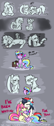 Size: 600x1400 | Tagged: safe, artist:lavvythejackalope, imported from derpibooru, oc, oc only, oc:blitz, oc:starburst, earth pony, pony, unicorn, adopted offspring, adoption, comic, earth pony oc, eyes closed, female, filly, hat, horn, hug, mare, nurse hat, partial color, sad, smiling, unicorn oc