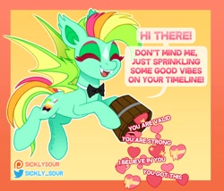 Size: 2334x2000 | Tagged: safe, artist:sickly-sour, imported from derpibooru, oc, oc only, oc:kokomo, bat pony, pony, bowtie, bucket, eyes closed, fangs, female, flying, heart, mare, motivational, solo, text