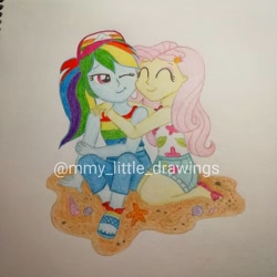 Size: 1080x1080 | Tagged: safe, artist:mmy_little_drawings, imported from derpibooru, fluttershy, rainbow dash, starfish, equestria girls, equestria girls series, spring breakdown, spoiler:eqg series (season 2), ^^, eyelashes, eyes closed, feet, female, flutterdash, hat, hug, kneeling, lesbian, one eye closed, sandals, shipping, sitting, traditional art, watermark, wink