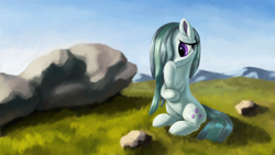 Size: 5332x3000 | Tagged: safe, artist:flusanix, imported from derpibooru, marble pie, earth pony, pony, cute, female, hair over one eye, marblebetes, mare, rock, sitting, solo