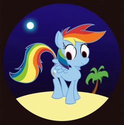 Size: 1000x1008 | Tagged: safe, artist:drojan, imported from derpibooru, rainbow dash, pegasus, pony, backwards cutie mark, female, looking down, mare, moon, night, palm tree, solo, tree